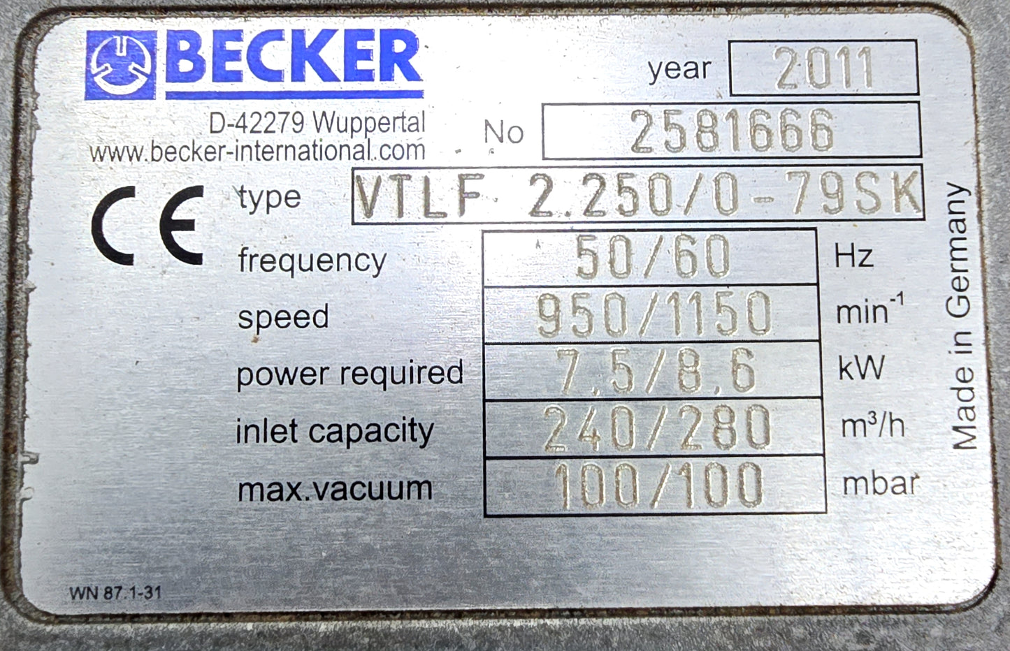 2011 BECKER PUMP VTLF 2.250.0-79SK V (For CNC / Router) - ILLINOIS