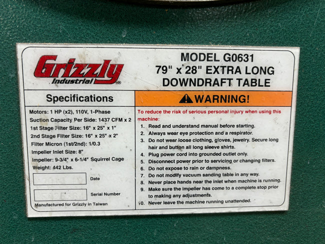 2014 Grizzly Model G0631 79"x28" Extra Long Downdraft Table - Texas