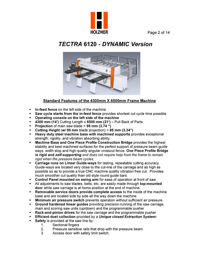 2018 Holzher Tectra 6120 - Dynamic Version- Pressure Beam/Panel Saw - Minnesota